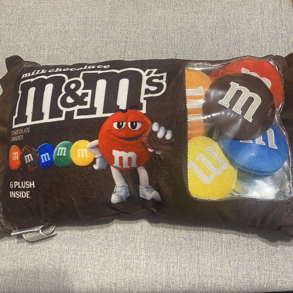 M&Ms Plush Stuffed Pillow Candy BAG Wrapper Six Small Color Set Inside